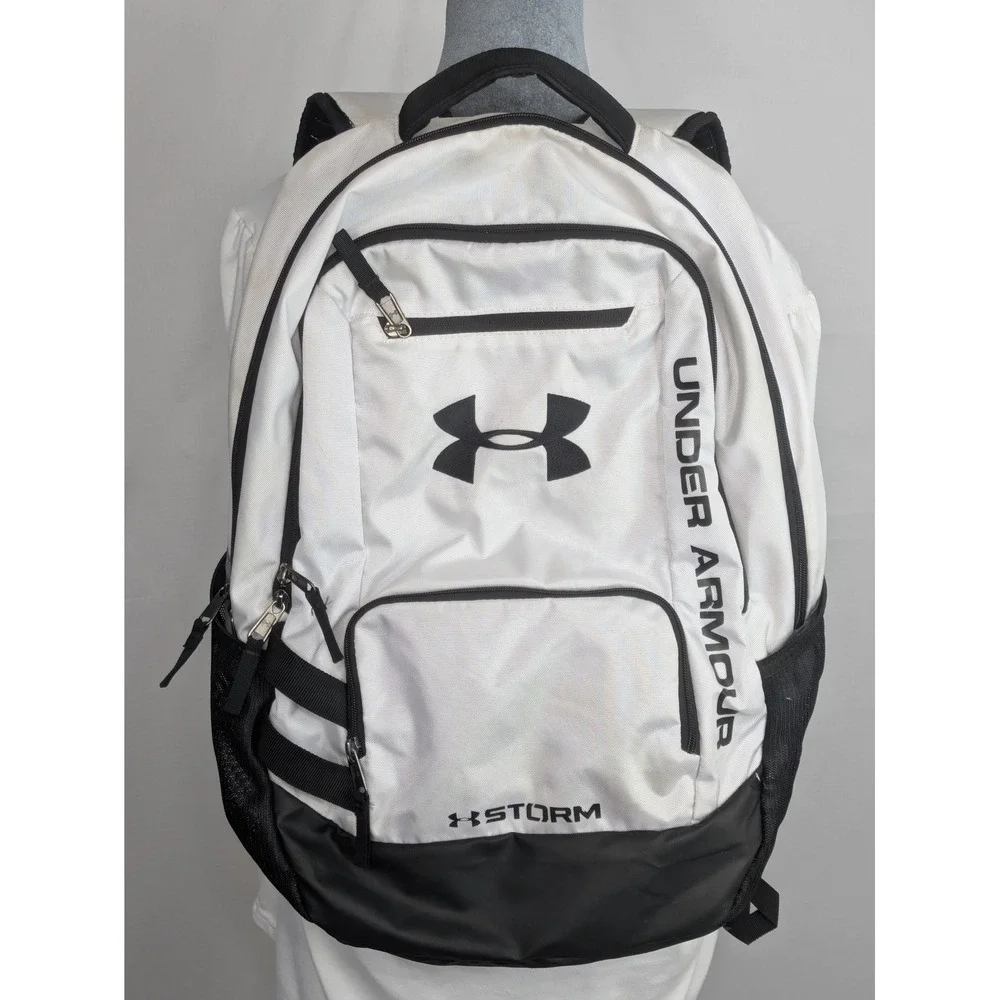 Under Armour UA Storm White Black Backpack Laptop School Gym Book Bag 20x14x5